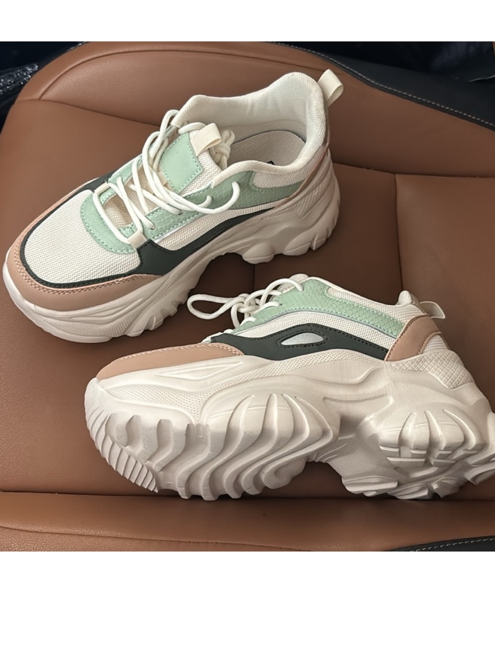 Chunky Lace-Up Women's Sneakers in Mint, Beige & White